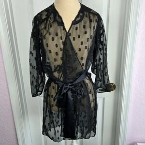 Natori Black Sheer Polka Dot Short‎ Kimono Robe Lingerie Size S Dressing Gown